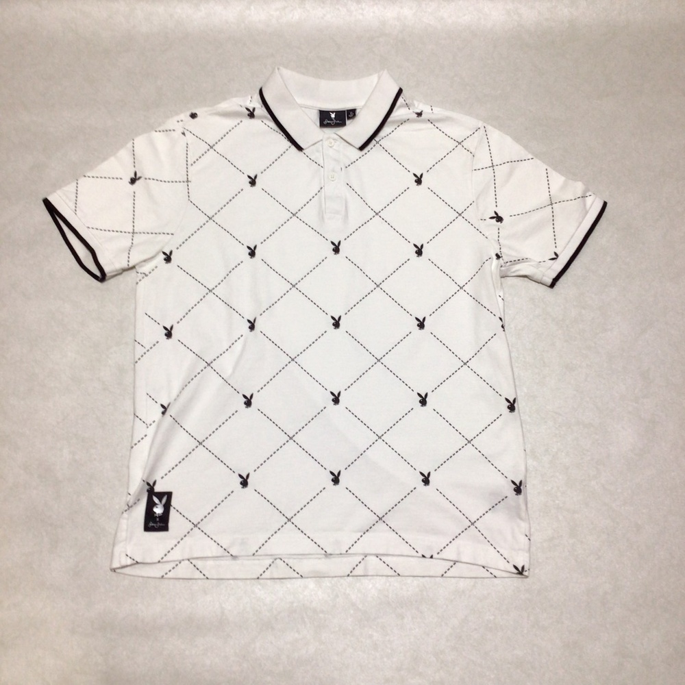 Sean John Playboy White and Black Short Sleeve Polo Shirt, Size Medium